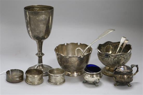 A silver presentation goblet and sundry silver items, approx 19.5oz gross